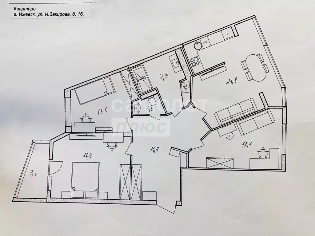 4-к кв. Удмуртия, Ижевск ул. Героя России Ильфата Закирова, 16 (93.2 ... - Фото 1