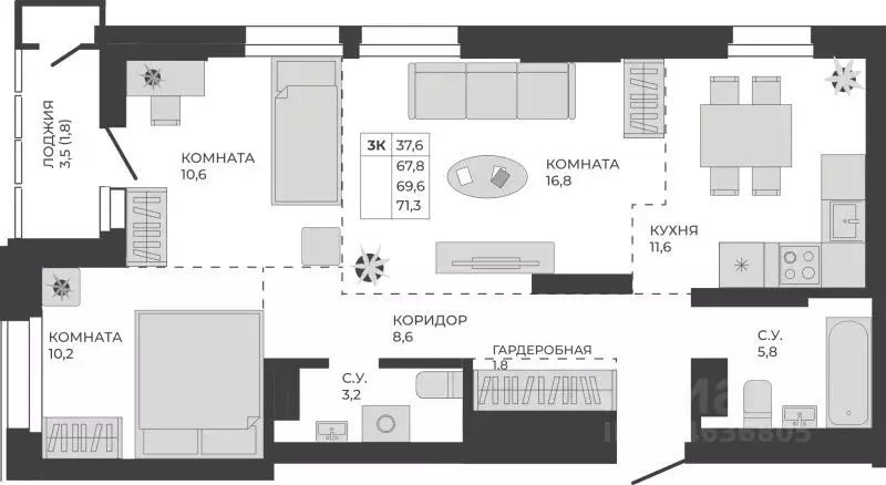 3-к кв. Алтайский край, Барнаул тракт Павловский, 251Б (69.6 м) - Фото 1