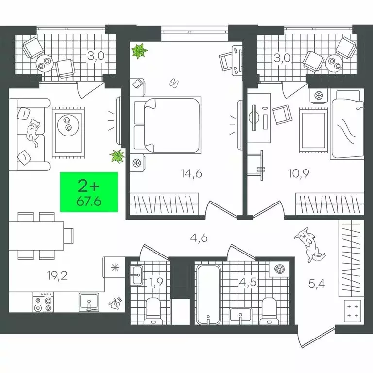 2-комнатная квартира: Тюмень, улица Николая Глебова, 10 (67.6 м) - Фото 1