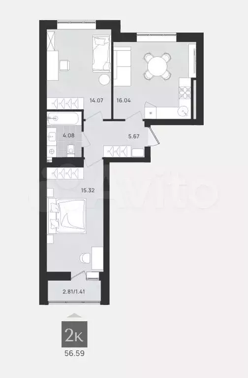 2-к. квартира, 56,6 м, 6/9 эт. - Фото 1