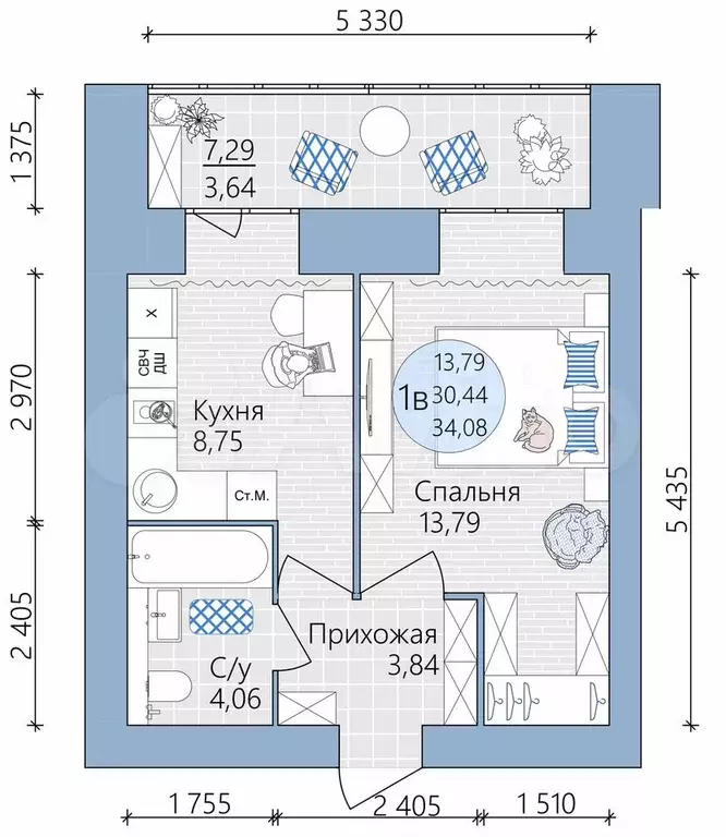 1-к. квартира, 34,1 м, 2/16 эт. - Фото 0