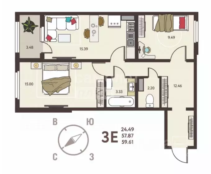 2-к кв. Липецкая область, Липецк ул. Механизаторов (59.6 м) - Фото 2