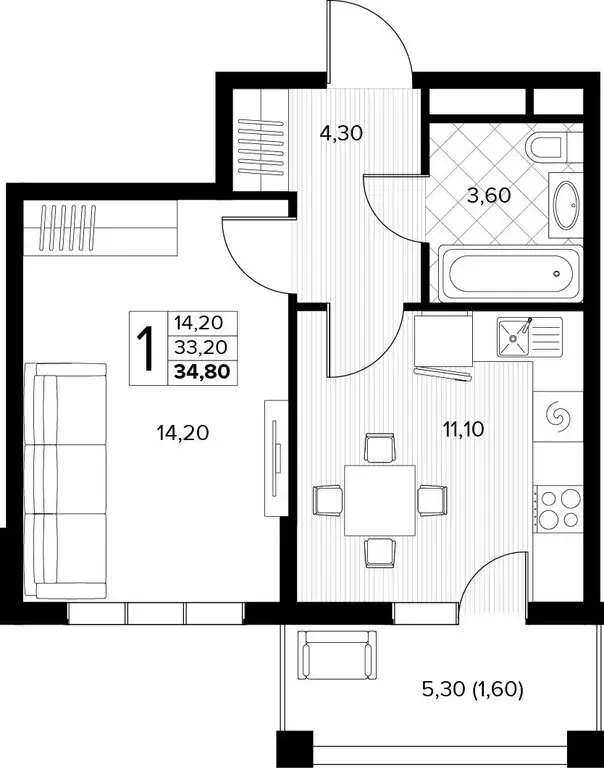 1-комнатная квартира: Сукко, жилой комплекс Кипарис (34.8 м) - Фото 1