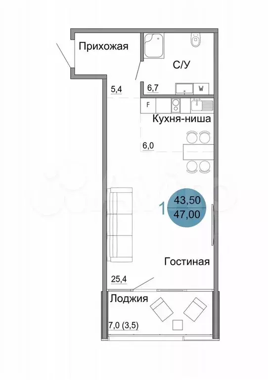 1-к. квартира, 47 м, 1/4 эт. - Фото 0