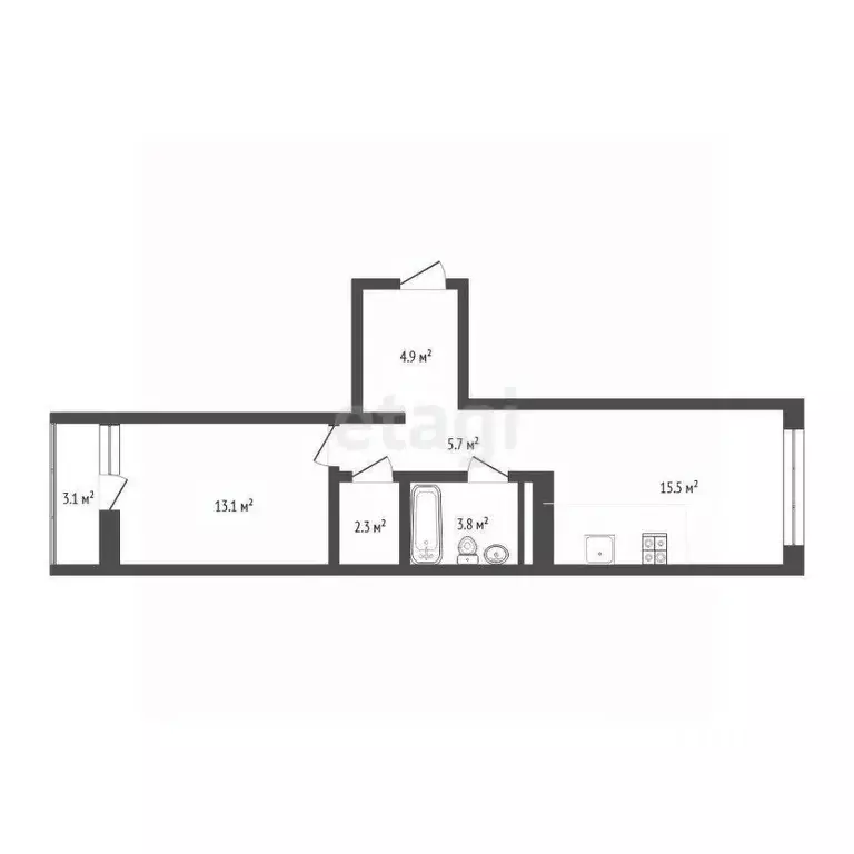 1-к кв. Тюменская область, Тюмень ул. 50 лет Октября, 57Бк2 (46.3 м) - Фото 2