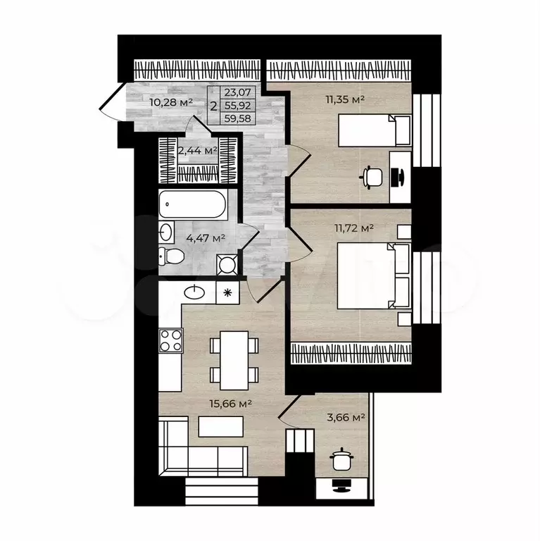 2-к. квартира, 59 м, 7/9 эт. - Фото 0