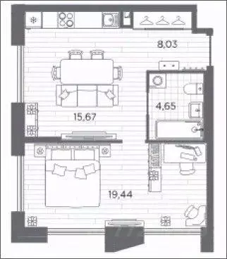Квартира, 1 комната, 47.79 м - Фото 1