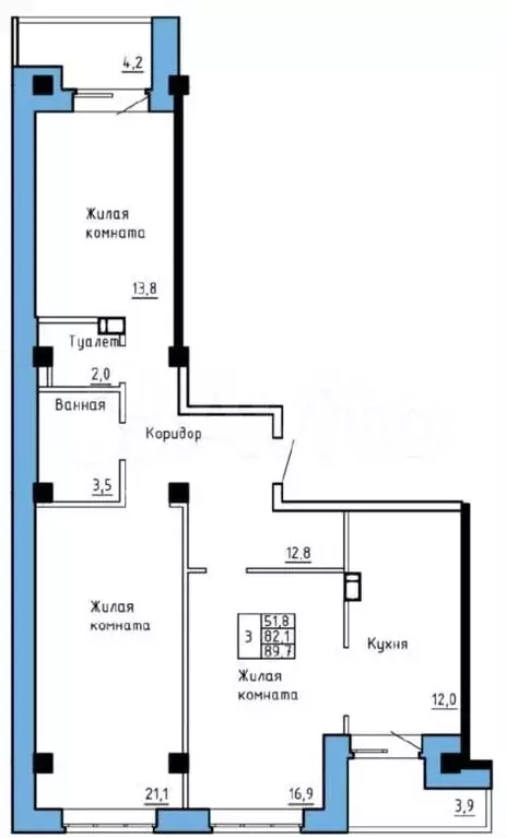 3-к. квартира, 92 м, 4/9 эт. - Фото 0