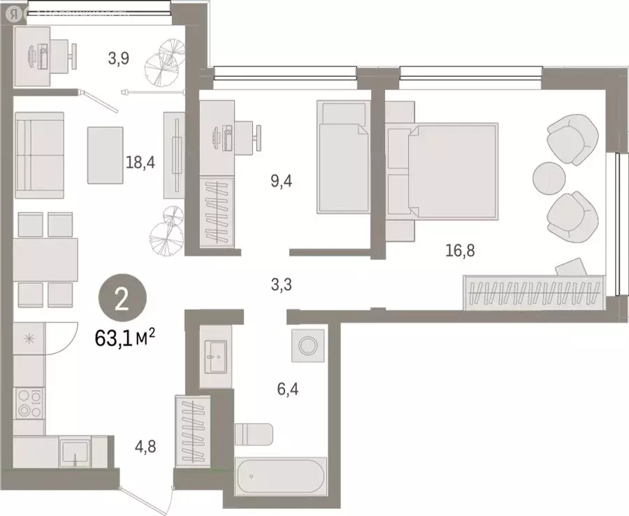 2-комнатная квартира: Тюмень, Мысовская улица, 26к1 (63.05 м) - Фото 1