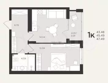 1-к. квартира, 47,5 м, 4/4 эт. - Фото 1