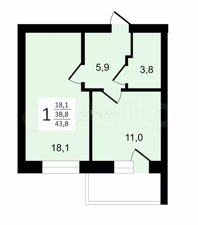 1-к. квартира, 45,3 м, 2/3 эт. - Фото 0