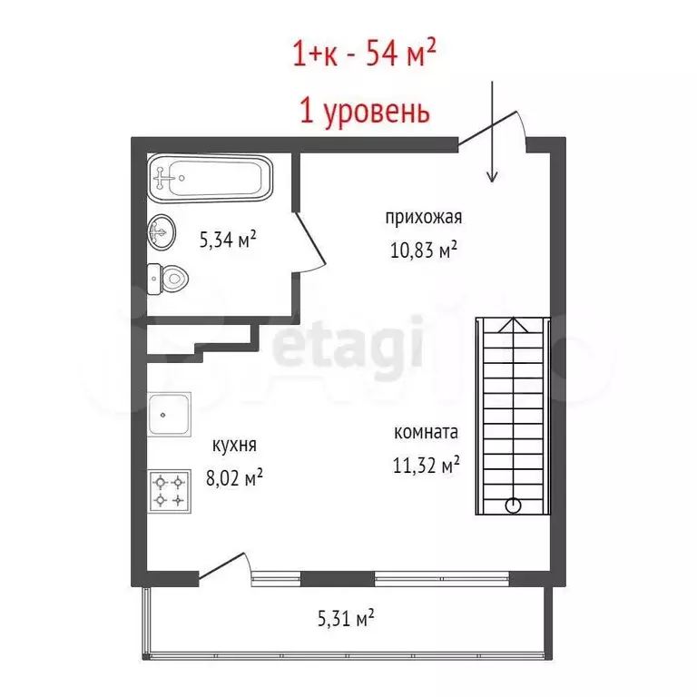 1-к. квартира, 54 м, 3/3 эт. - Фото 0