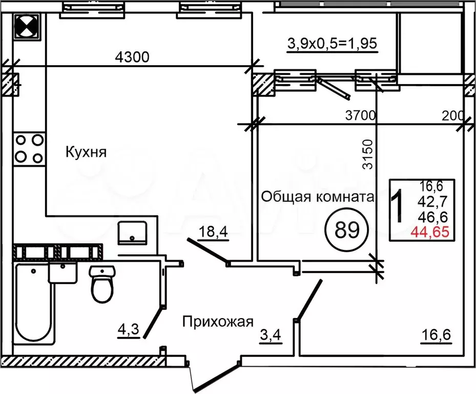 1-к. квартира, 44,7 м, 4/9 эт. - Фото 0