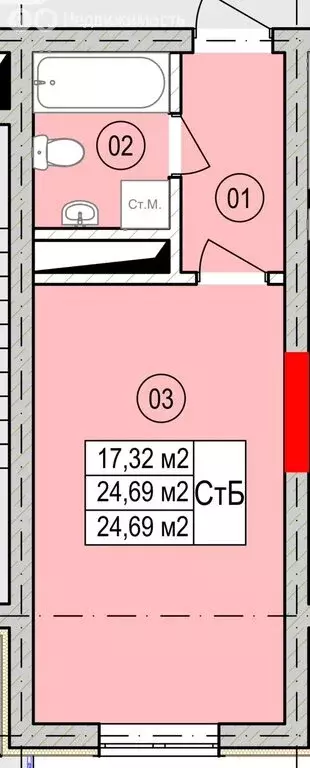 Квартира-студия: Грозный, улица Л.И. Яшина, 30 (24.69 м) - Фото 1