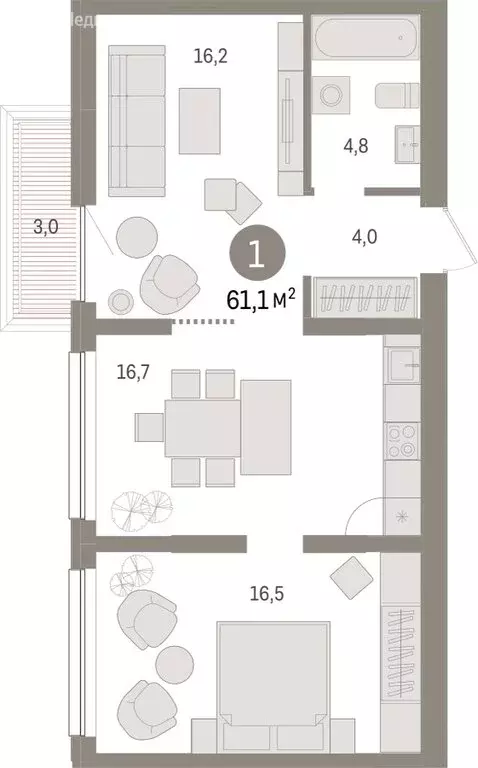 2-комнатная квартира: Тюмень, Мысовская улица, 26к1 (61.06 м) - Фото 0