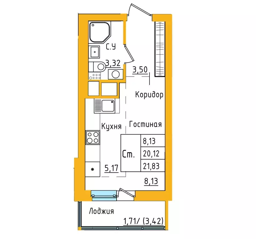 Квартира-студия: Уфа, улица Валерия Лесунова, 22 (21.82 м) - Фото 1