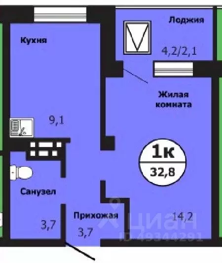 1-к кв. Красноярский край, Красноярск ул. Лесников, 51Б (32.9 м) - Фото 0
