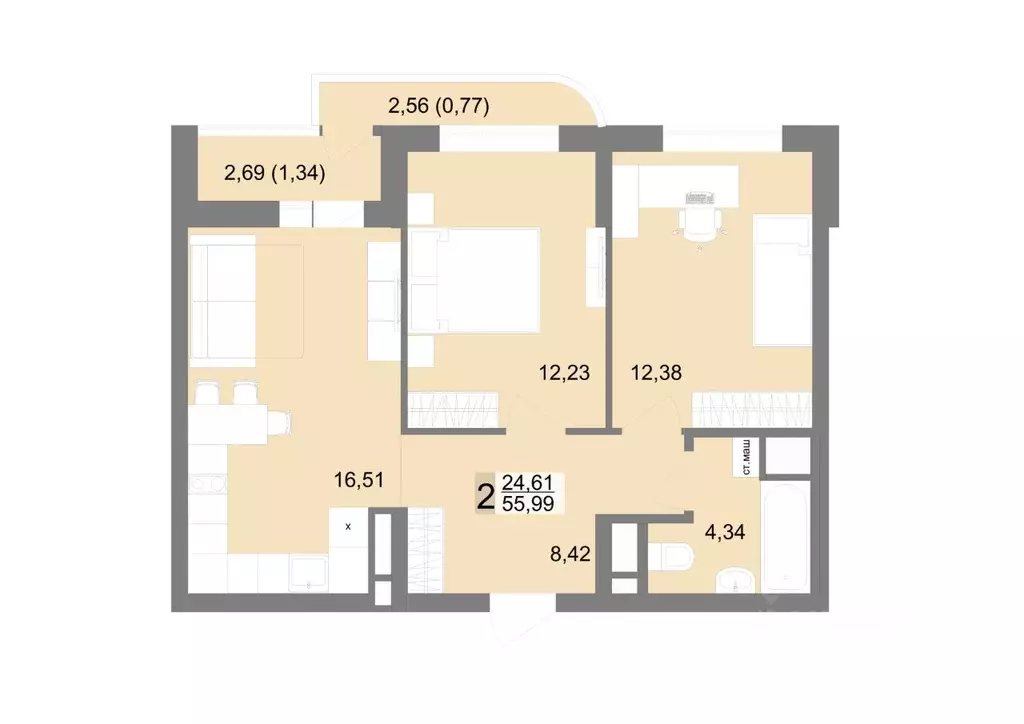 2-к кв. Свердловская область, Екатеринбург ул. Тенистая, 8с5 (55.99 м) - Фото 1