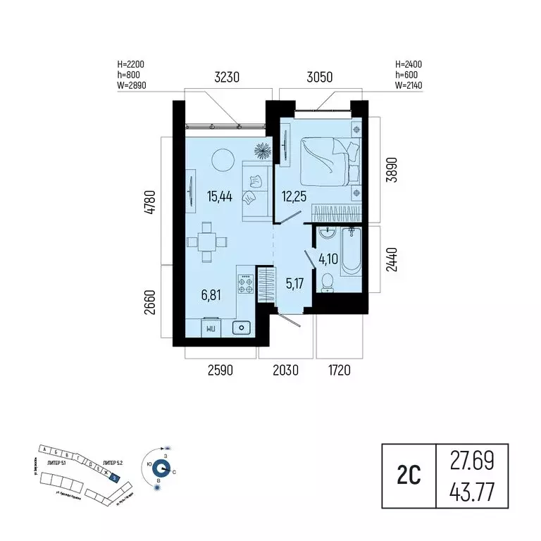 2-комнатная квартира: Уфа, улица Рудольфа Нуреева, 7 (43.77 м) - Фото 1