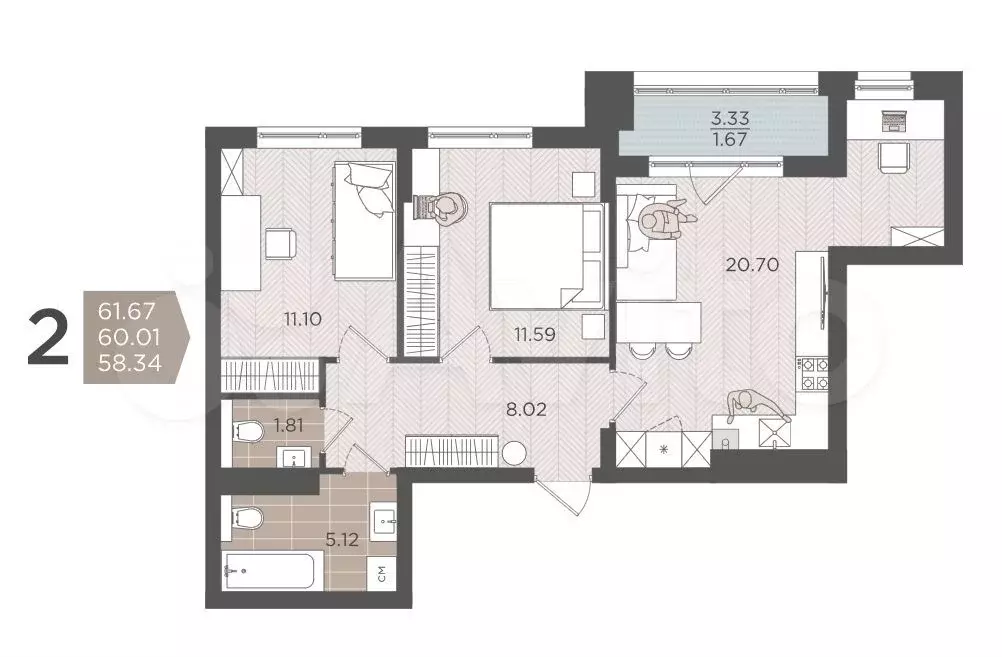2-к. квартира, 60 м, 2/9 эт. - Фото 1