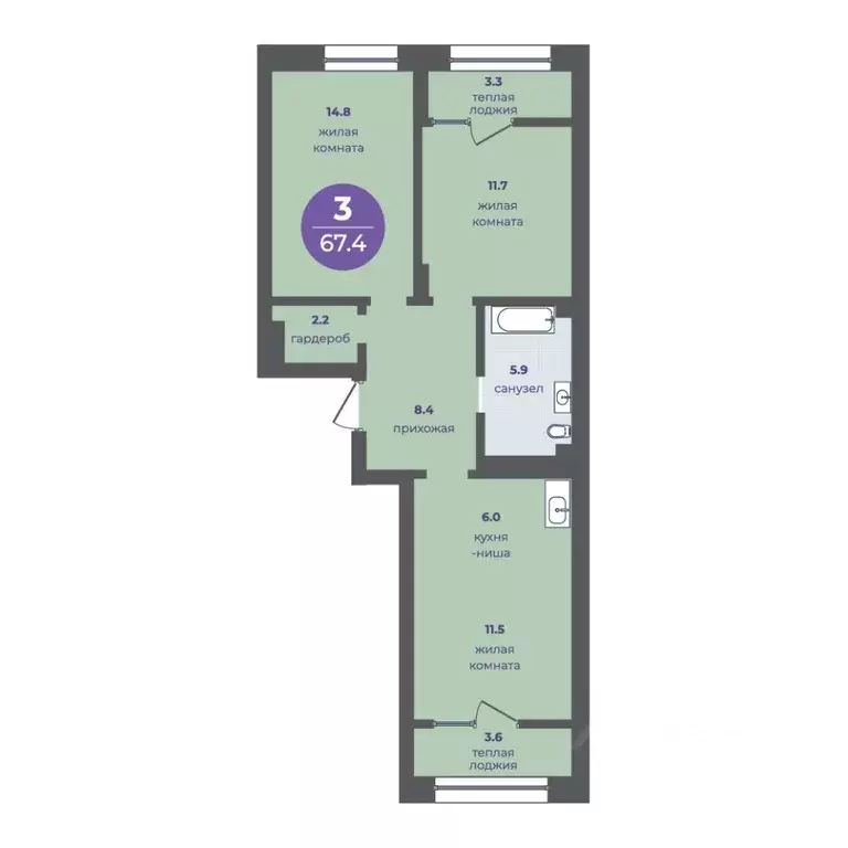 3-к кв. Красноярский край, Красноярск ул. Кутузова (60.5 м) - Фото 1