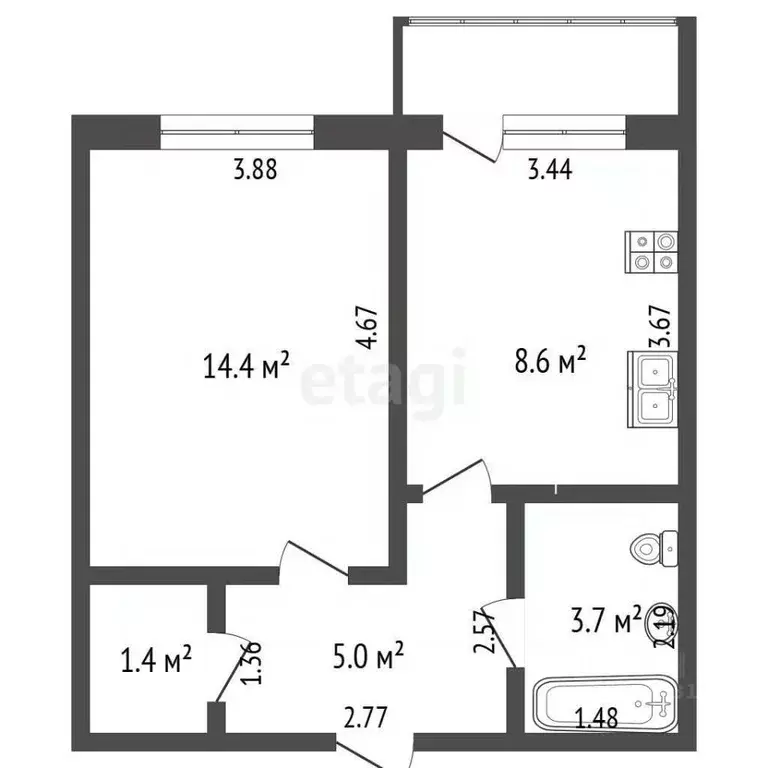 1-к кв. Ямало-Ненецкий АО, Ноябрьск Сибирская ул., 193 (33.7 м) - Фото 2