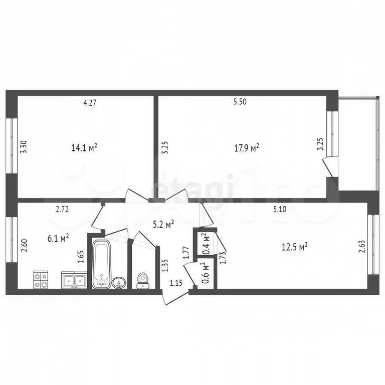 3-к. квартира, 59,8 м, 5/5 эт. - Фото 0