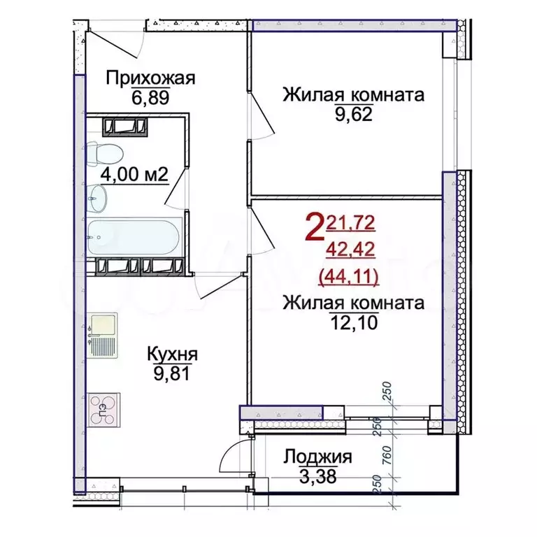 2-к. квартира, 44,1 м, 1/19 эт. - Фото 0