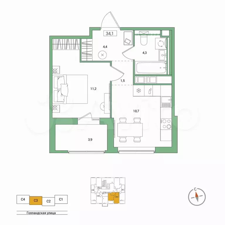 1-к. квартира, 34,1 м, 7/11 эт. - Фото 0