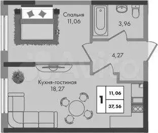 1-к. квартира, 37,6 м, 3/9 эт. - Фото 1