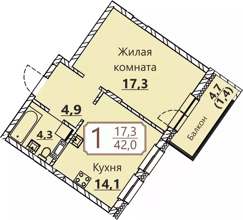 1-к кв. Чувашия, Чебоксары ул. Герцена, поз3 (42.0 м) - Фото 1