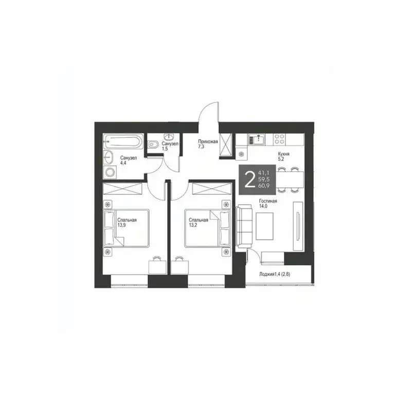 2-к кв. Татарстан, Альметьевск ул. Гафиатуллина, 60 (60.9 м) - Фото 0