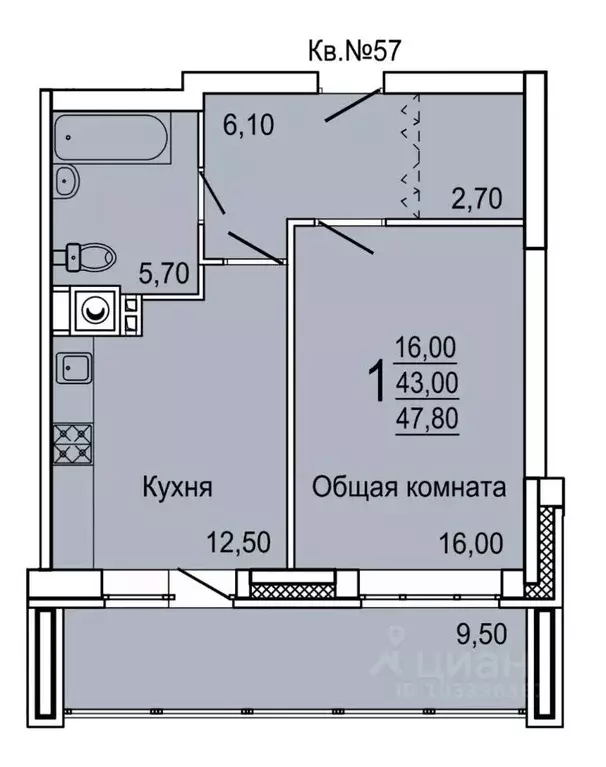 1-к кв. Тульская область, Тула ул. Седова, 20Г (47.8 м) - Фото 0