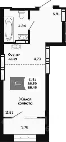 Студия Новосибирская область, Новосибирск ул. Титова, 48 (26.59 м) - Фото 0