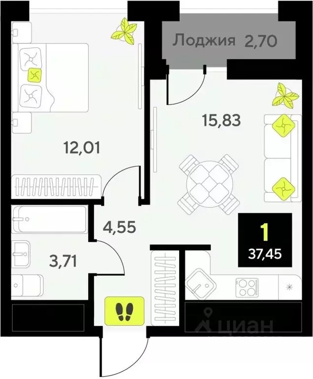 1-к кв. Тюменская область, Тюмень ул. Андрея Приказнова, 1 (37.45 м) - Фото 0