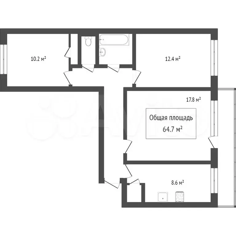 3-к. квартира, 64,7 м, 10/10 эт. - Фото 0