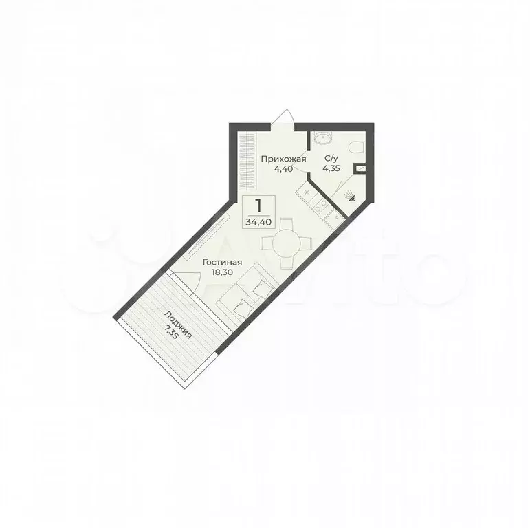 Апартаменты-студия, 34,4 м, 3/12 эт. - Фото 1