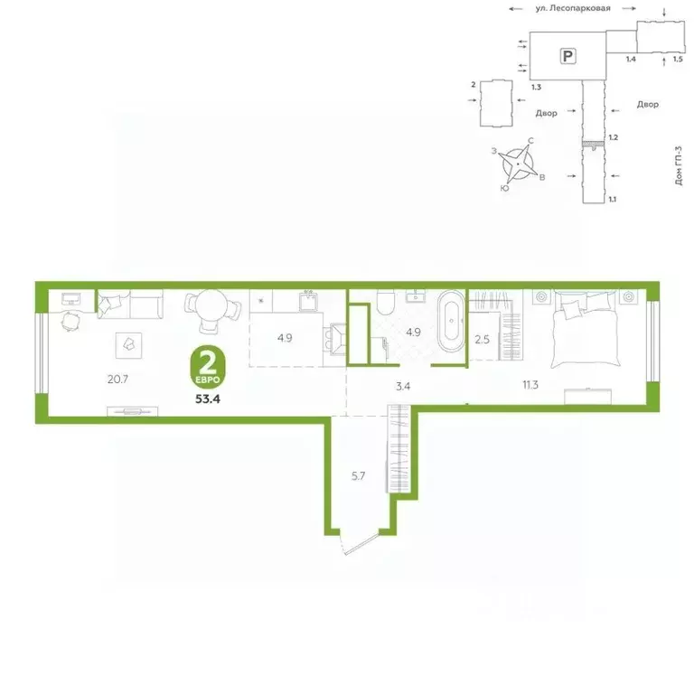 2-к кв. Тюменская область, Тюмень ул. Лесопарковая, 22 (53.4 м) - Фото 1