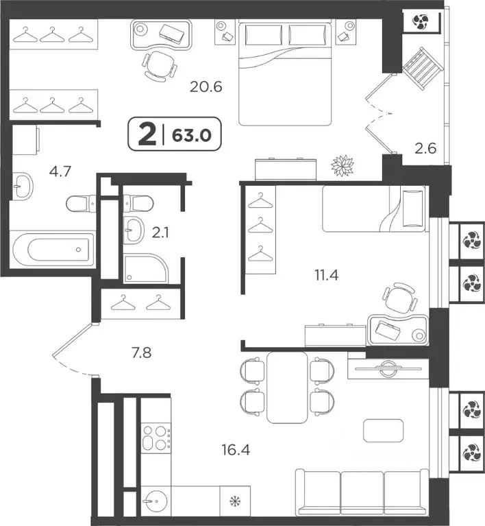 2-к кв. Тюменская область, Тюмень  (63.05 м) - Фото 0