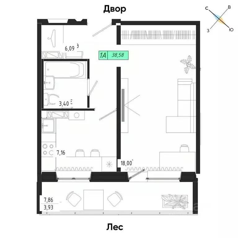 1-к кв. томская область, томск тракт иркутский, 185б (38.58 м) - Фото 0