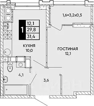 1-к кв. Ростовская область, Ростов-на-Дону Левобережная ул. (31.0 м) - Фото 1