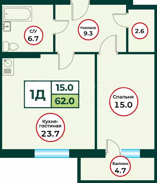 2-к. квартира, 62 м, 6/8 эт. - Фото 0