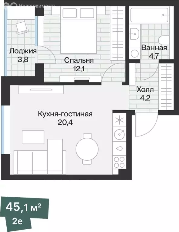 1-комнатная квартира: Тюмень, жилой комплекс Эклипт (43.19 м) - Фото 1