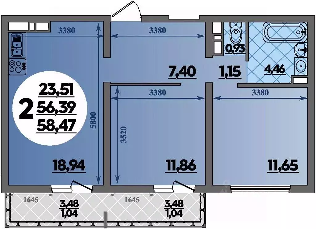 2-к кв. Адыгея, Майкоп  (58.47 м) - Фото 1