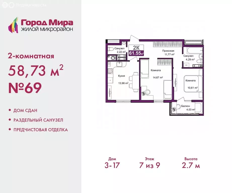 2-комнатная квартира: Симферополь, улица Батурина, 145 (58.73 м) - Фото 0