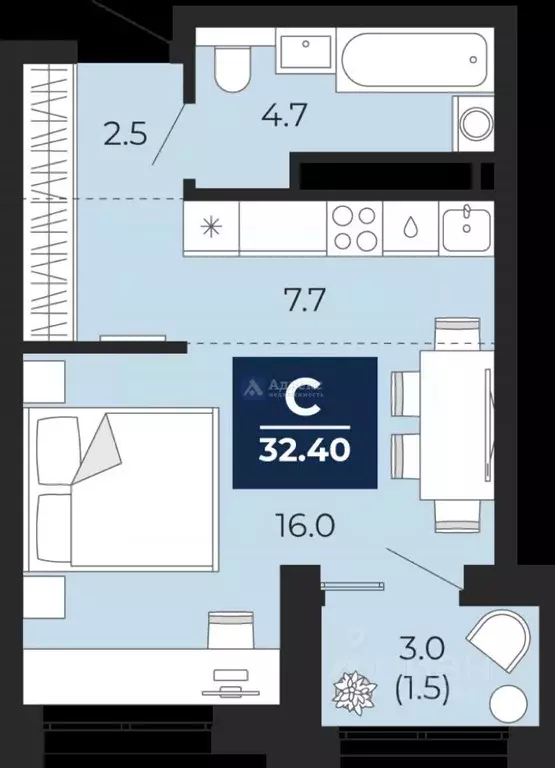 Студия Тюменская область, Тюмень ул. Тимофея Чаркова, 77/1 (32.4 м) - Фото 1