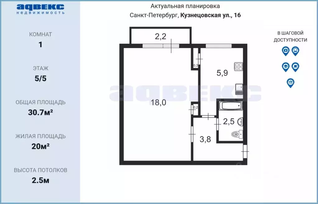 1-к кв. Санкт-Петербург Кузнецовская ул., 16 (30.7 м) - Фото 1