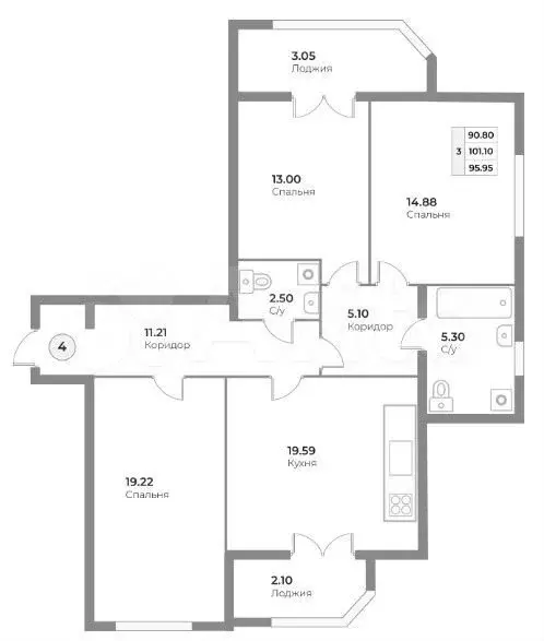 3-к. квартира, 96 м, 1/4 эт. - Фото 1
