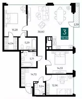3-к кв. Рязанская область, Рязань Арт Кварталы жилой комплекс (116.29 ... - Фото 0