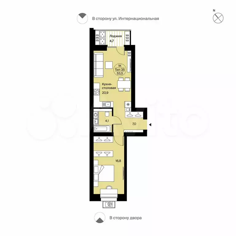 1-к. квартира, 53,5 м, 9/9 эт. - Фото 0